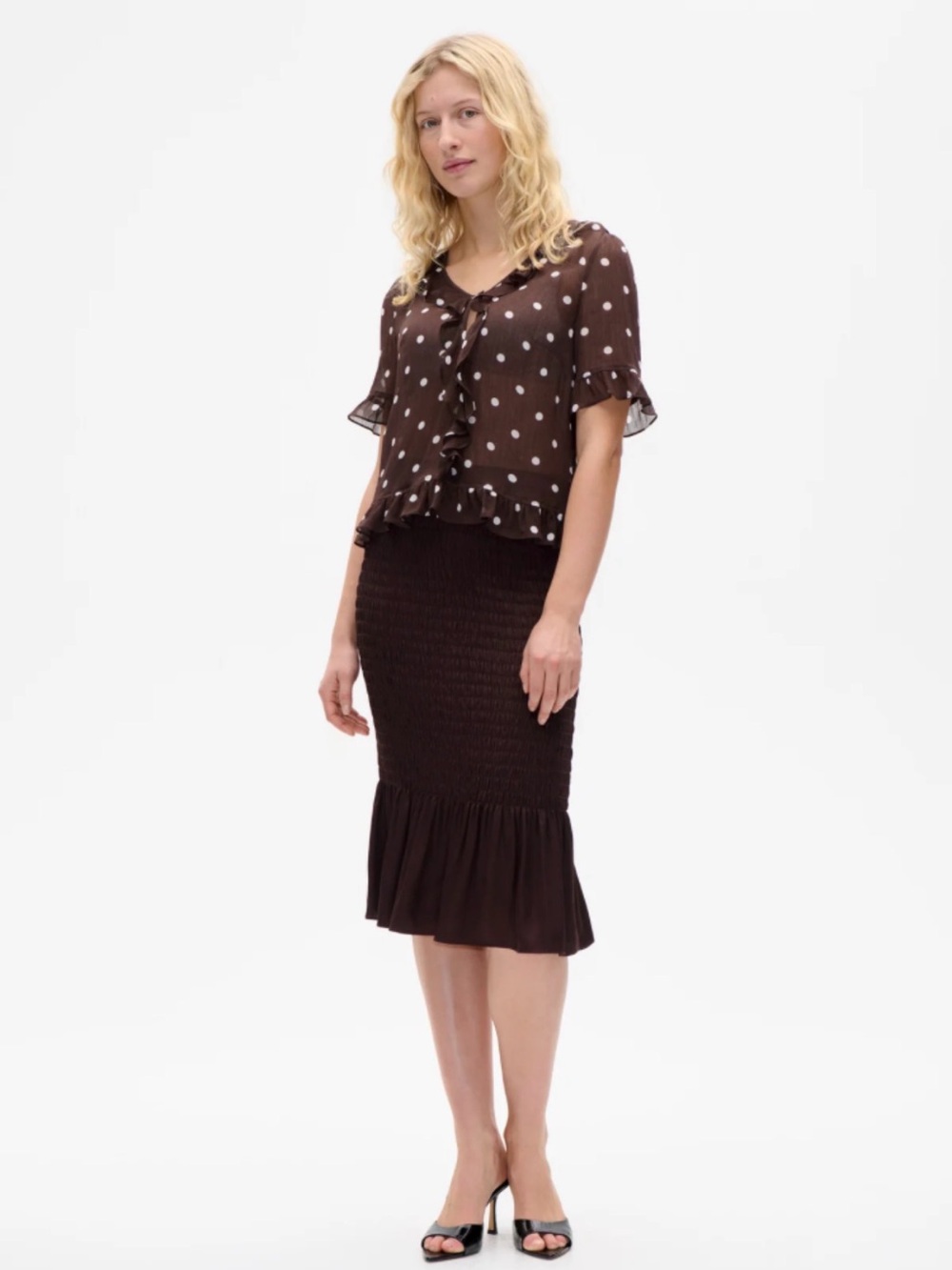Baum und pferdgarten Smocked Brown Midi Skirt with Flounce Hem Women NWT